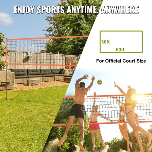 Bärbart volleybollnätsystem med justerbar höjd, aluminiumstolpar, PVC-volleyboll, pump och bärväska för utomhusbruk.