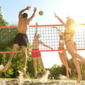 Miniatyrbild 8 av 9: Bärbart volleybollnätsystem med justerbar höjd, aluminiumstolpar, PVC-volleyboll, pump och bärväska för utomhusbruk.