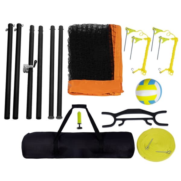 Bärbart volleybollnätsystem med justerbar höjd, aluminiumstolpar, PVC-volleyboll, pump och bärväska för utomhusbruk.