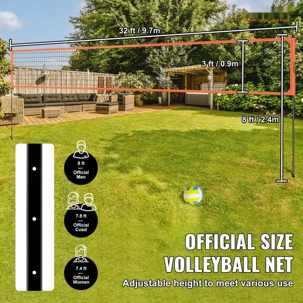 Bärbart volleybollnätsystem med justerbar höjd, aluminiumstolpar, PVC-volleyboll, pump och bärväska för utomhusbruk.