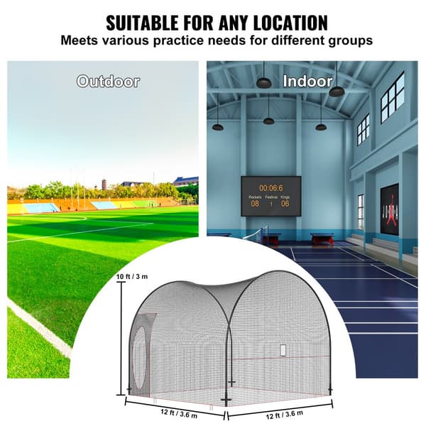 Baseball og Softball batting cage med net og ramme, bærbar til træning. Heavy Duty lukket cage til baghaven, 12FT.