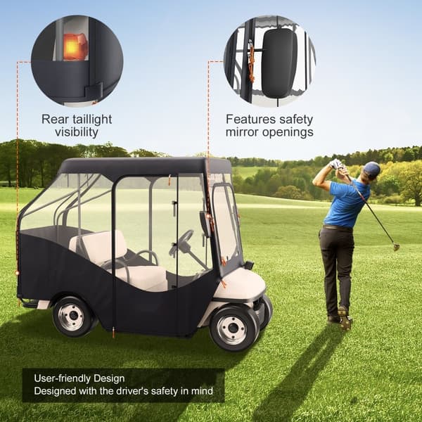 Golfvognskabinet i 600D polyester med gennemsigtige vinduer, passer til de fleste mærkevogne. Sol- og støvtæt udendørs dække.