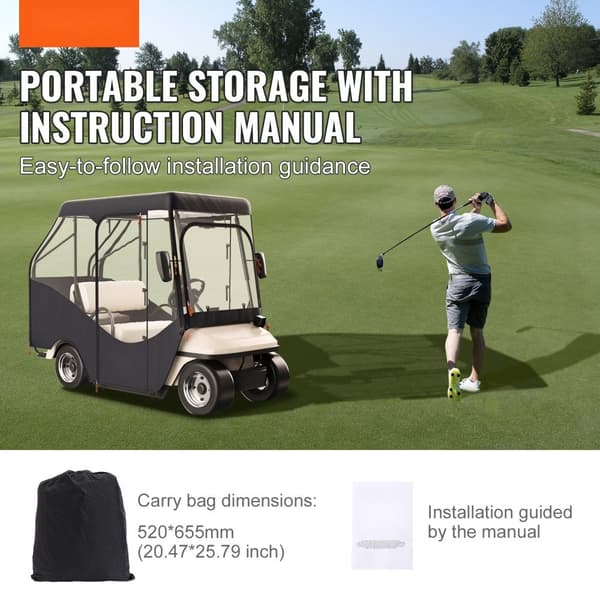 Golfvognskabinet i 600D polyester med gennemsigtige vinduer, passer til de fleste mærkevogne. Sol- og støvtæt udendørs dække.