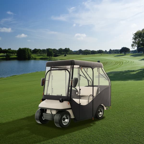 Golfvognskabinet i 600D polyester med gennemsigtige vinduer, passer til de fleste mærkevogne. Sol- og støvtæt udendørs dække.