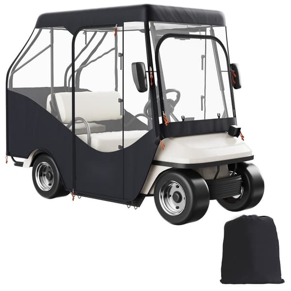 Golfvognskabinet i 600D polyester med gennemsigtige vinduer, passer til de fleste mærkevogne. Sol- og støvtæt udendørs dække.