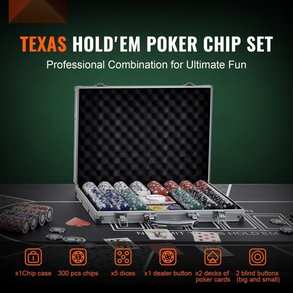 Pokerchipsæt med 300 dele, inkl. aluminiumstaske, 11,5 g kasinochips, kort, knapper og terninger til Texas Hold'em og blackjack.