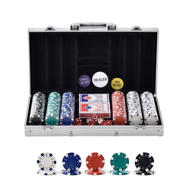 Pokerchipset 300 delar, komplett set med aluminiumväska, 11,5g marker, kort, knappar och tärningar för Texas Hold'em och Blackjack.