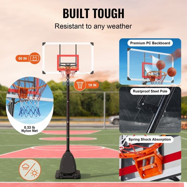 Basketballkurv, justerbar højde 7,6-10 ft, bærbart med 50" mål, perfekt til børn og voksne, inkl. hjul og fyldbar base til indendørs/udendørs brug.