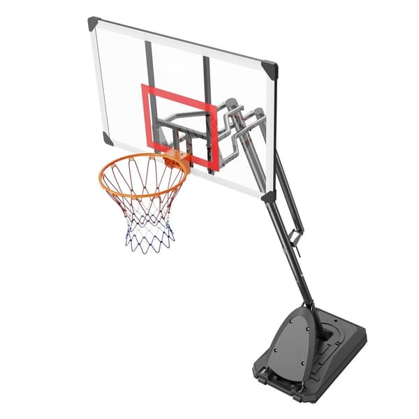 Basketballkurv, justerbar højde 7,6-10 ft, bærbart med 50" mål, perfekt til børn og voksne, inkl. hjul og fyldbar base til indendørs/udendørs brug.