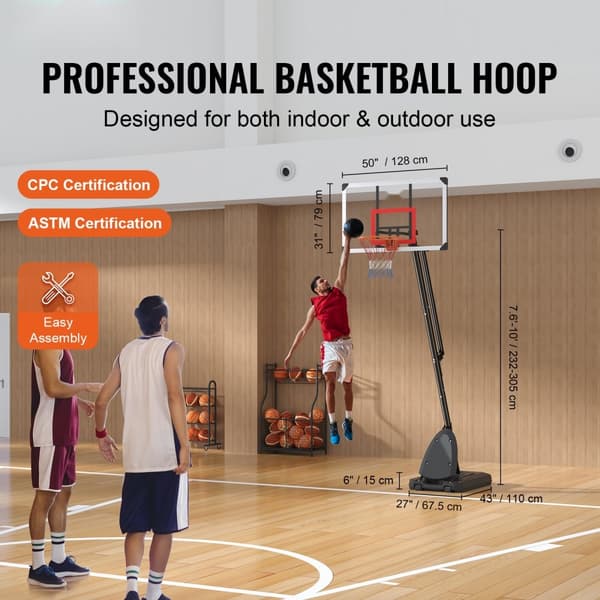 Basketballkurv, justerbar højde 7,6-10 ft, bærbart med 50" mål, perfekt til børn og voksne, inkl. hjul og fyldbar base til indendørs/udendørs brug.