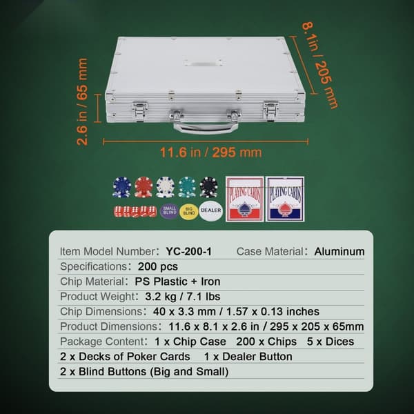 200-osainen pokerimerkkisetti alumiinikotelossa, 11,5 g merkit, kortit, painikkeet ja nopat Texas Hold'emiin.