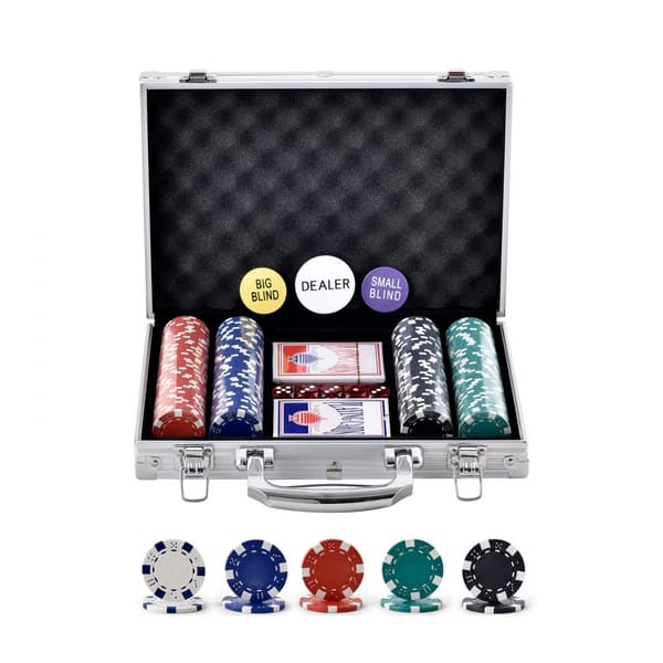 200-osainen pokerimerkkisetti alumiinikotelossa, 11,5 g merkit, kortit, painikkeet ja nopat Texas Hold'emiin.