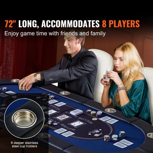 8-pelaajan taitettava pokeripöytä, pehmustetut kiskot, ruostumattomat mukinpidikkeet, 72" soikea kasino pöytä.