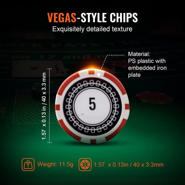 Pokerchipsæt med 500 dele, inkl. aluminiumstaske, 11,5g kasinochips, kort, knapper og terninger til Texas Hold'em og blackjack.