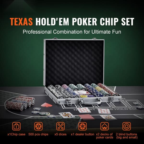Pokerchipsæt med 500 dele, inkl. aluminiumstaske, 11,5g kasinochips, kort, knapper og terninger til Texas Hold'em og blackjack.