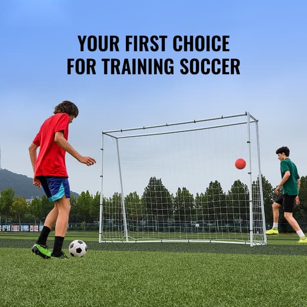 Fodboldreboundtræner, 8x6FT jernudstyr med dobbeltsidet net og mål. Perfekt til baggårdstræning, soloøvelser og afleveringer.