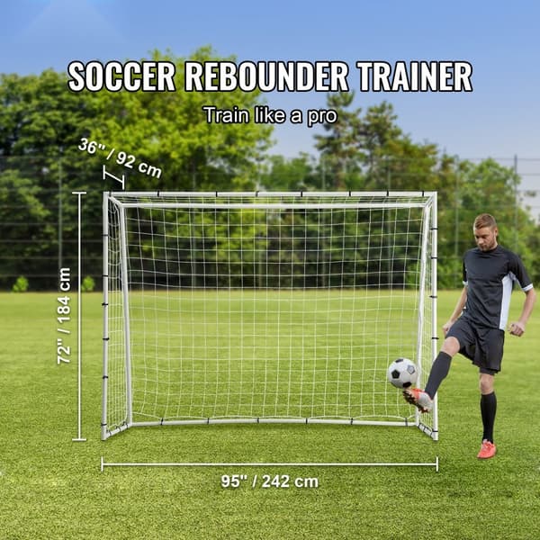 Fodboldreboundtræner, 8x6FT jernudstyr med dobbeltsidet net og mål. Perfekt til baggårdstræning, soloøvelser og afleveringer.