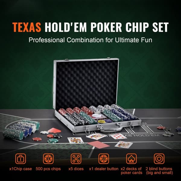 500-osainen pokerimerkkisetti alumiinikotelossa, täydellinen Texas Hold'em ja blackjack -peleihin!