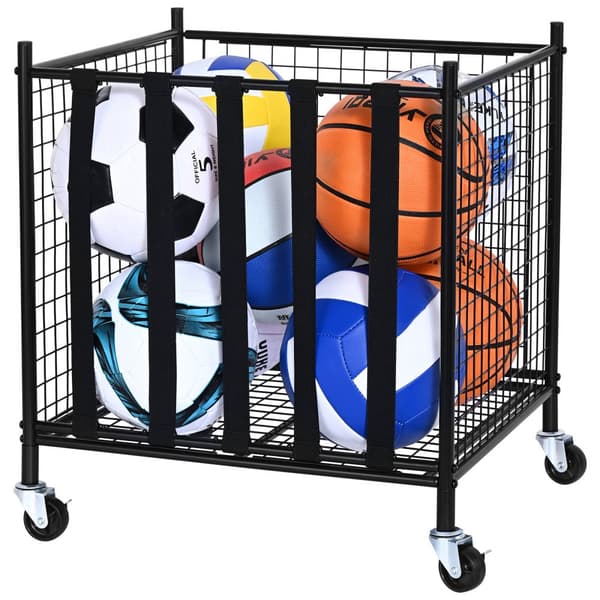 Rullande sportbollförvaringsvagn, låsbar basketbur med elastiska remmar, stålställ för sportutrustning inomhus och utomhus.