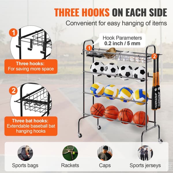 Basketställ, 4-lagers rullande basketskytteträningsställ med hjul, krokar och korgar för sportutrustning och garage.