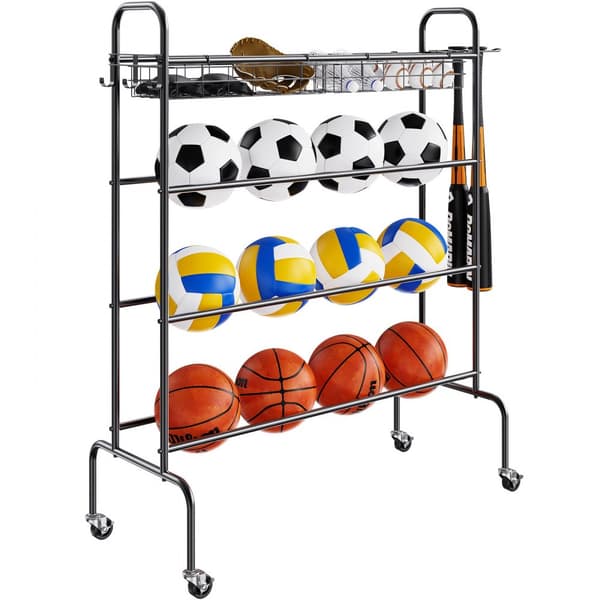 Basketställ, 4-lagers rullande basketskytteträningsställ med hjul, krokar och korgar för sportutrustning och garage.