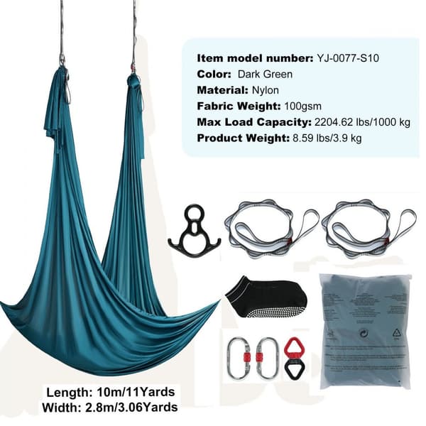 Aerial Silk & Yoga Swing, 11 Yards, Aerial Yoga Hängmatta Kit med 100gsm nylon, Utrustning och installationsguide, Antigravity Fitness.