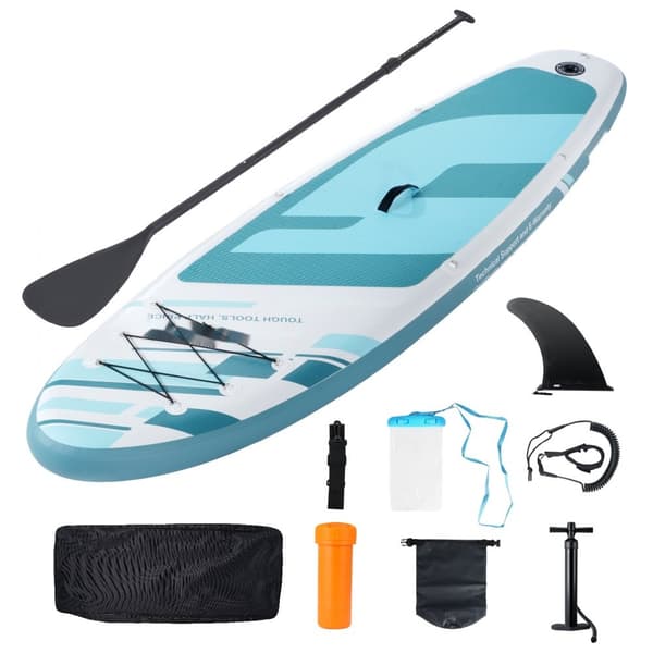 Puhallettava 10' x 33" SUP-lauta, tarvikkeet, pumppu, mela, evä, puhelinlaukku, reppu ja korjaussarja.