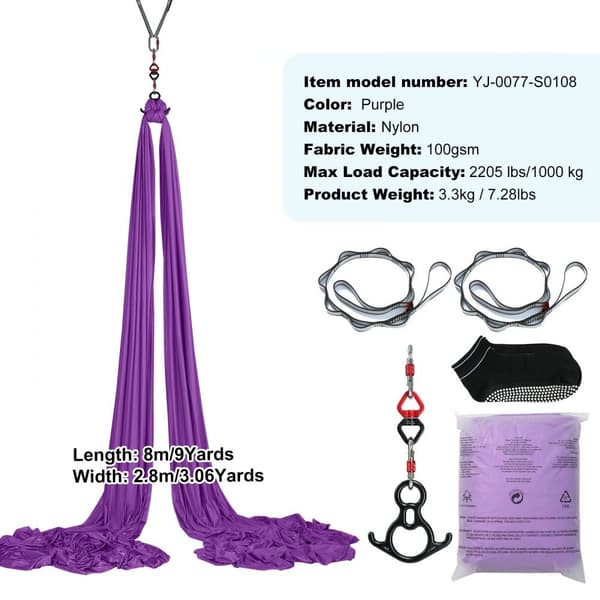 Aerial Silk & Yoga Swing, 8,7 yards, Aerial Yoga Hængekøje i 100gsm nylon, komplet opsætning og vejledning, Antigravity fitness til