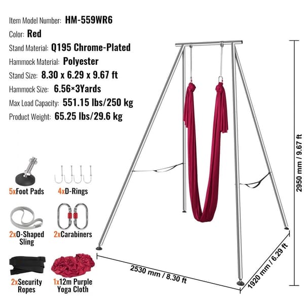 Aerial Yoga Ram & Hängmatta, 9,67 fot höjd, Professionell Yoga Swing, 6,6 Yards Hängmatta, Max 551 lbs kapacitet, Röd.