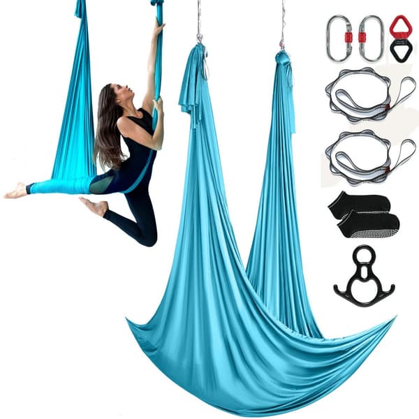 Aerial Silk & Yoga Slynge, 11 Yards, Aerial Yoga Hængekøje med 100gsm nylon, Fuld rigging og nem opsætning, Antigravity Fitness for alle niveauer, Blå
