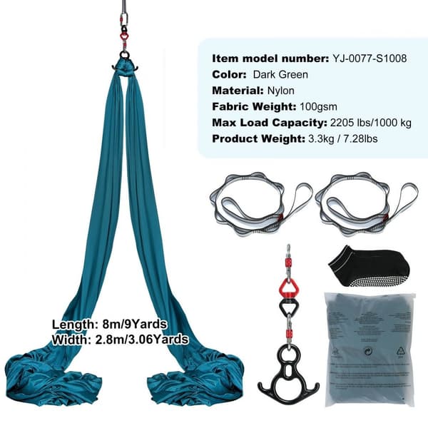 Aerial silk og yoga sving, 8,7 yard, hængekøje sæt med 100gsm nylon, fuld riggning og opsætning, antigravity flyvning til alle niveauer, grøn.