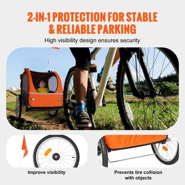 Cykelanhænger til småbørn med dobbeltsæde, 100 lbs belastning, konvertibel til klapvogn. Foldbar, universal cykelkobling, orange/grå.