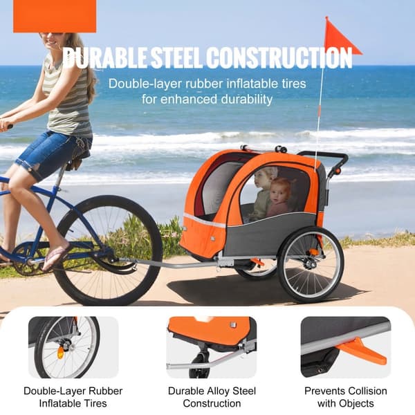 Cykelanhænger til småbørn med dobbeltsæde, 100 lbs belastning, konvertibel til klapvogn. Foldbar, universal cykelkobling, orange/grå.