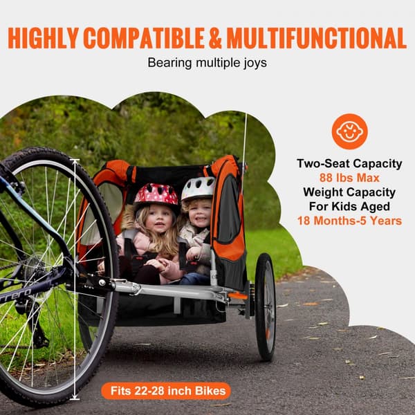 Cykelanhænger til småbørn, dobbeltsæde, max 40 kg. 2-i-1, konverteres til klapvogn. Foldbar med universal cykelkobling. Orange/grå.