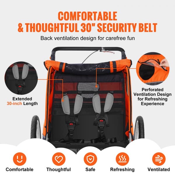 Cykelanhænger til småbørn, dobbeltsæde, max 40 kg. 2-i-1, konverteres til klapvogn. Foldbar med universal cykelkobling. Orange/grå.