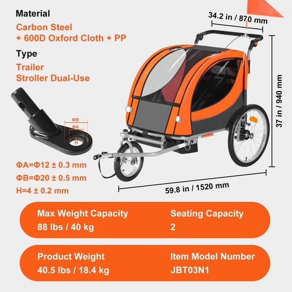 Cykelanhænger til småbørn, dobbeltsæde, max 40 kg. 2-i-1, konverteres til klapvogn. Foldbar med universal cykelkobling. Orange/grå.