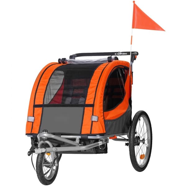 Cykelanhænger til småbørn, dobbeltsæde, max 40 kg. 2-i-1, konverteres til klapvogn. Foldbar med universal cykelkobling. Orange/grå.