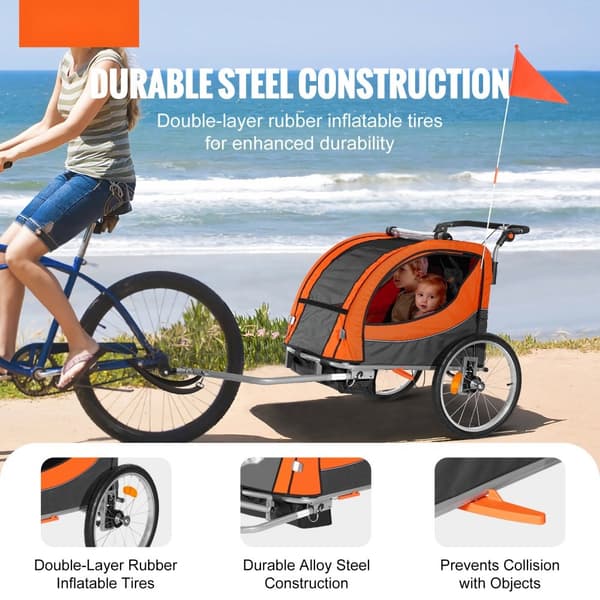 Cykelanhænger til småbørn, dobbeltsæde, max 40 kg. 2-i-1, konverteres til klapvogn. Foldbar med universal cykelkobling. Orange/grå.