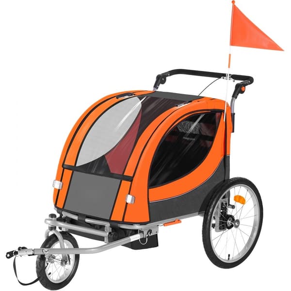 Cykelanhænger til småbørn, dobbeltsæde, max 40 kg. 2-i-1, konverteres til klapvogn. Foldbar med universal cykelkobling. Orange/grå.