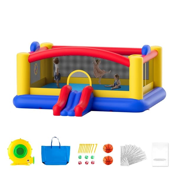 Oppusteligt hoppehus af høj kvalitet med rutsjebane, trampolin og opbevaring. Ideelt til børn 3-10 år, 177x173x80 tommer.