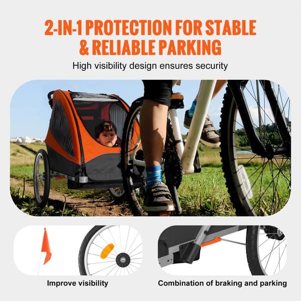 Cykelanhænger til småbørn med dobbeltsæde, 120 lbs kapacitet, 2-i-1 baldakin til klapvogn og foldbar design. Universal kobling, orange/grå.