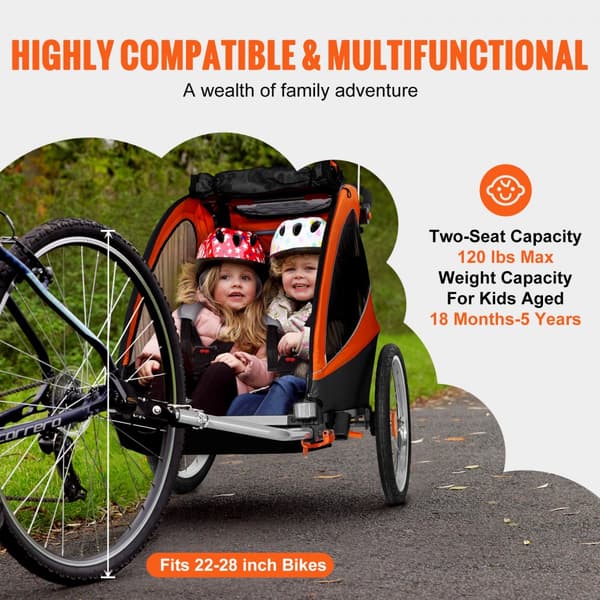 Cykelanhænger til småbørn med dobbeltsæde, 120 lbs kapacitet, 2-i-1 baldakin til klapvogn og foldbar design. Universal kobling, orange/grå.