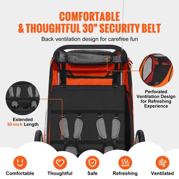 Cykelanhænger til småbørn med dobbeltsæde, 120 lbs kapacitet, 2-i-1 baldakin til klapvogn og foldbar design. Universal kobling, orange/grå.