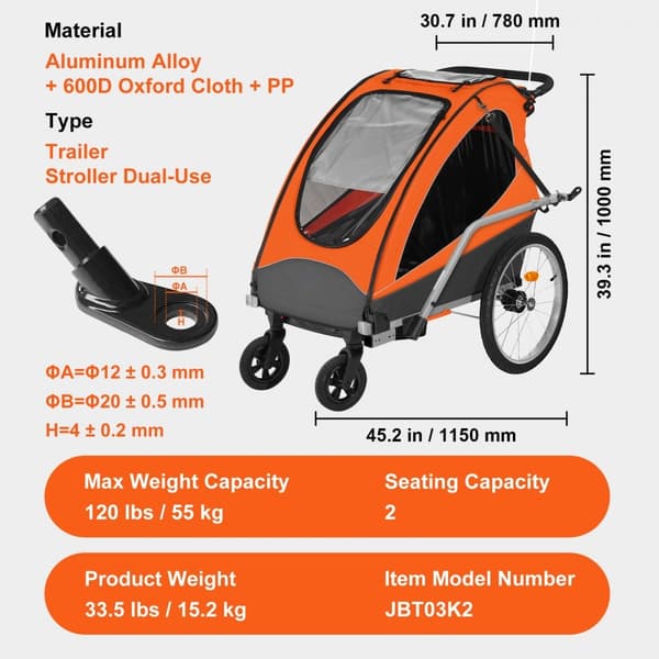 Cykelanhænger til småbørn med dobbeltsæde, 120 lbs kapacitet, 2-i-1 baldakin til klapvogn og foldbar design. Universal kobling, orange/grå.