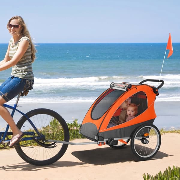 Cykelanhænger til småbørn med dobbeltsæde, 120 lbs kapacitet, 2-i-1 baldakin til klapvogn og foldbar design. Universal kobling, orange/grå.
