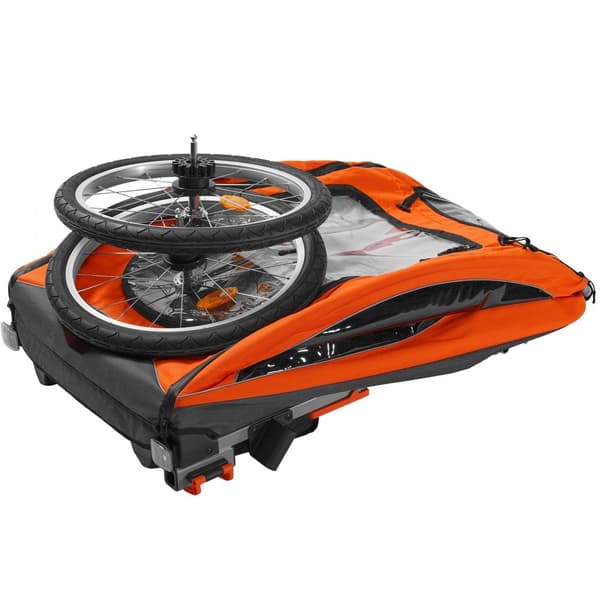 Cykelanhænger til småbørn med dobbeltsæde, 120 lbs kapacitet, 2-i-1 baldakin til klapvogn og foldbar design. Universal kobling, orange/grå.