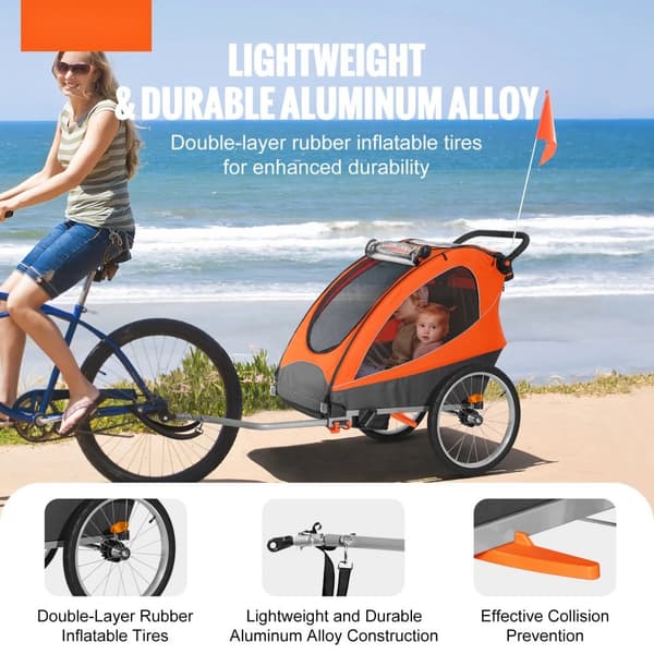 Cykelanhænger til småbørn med dobbeltsæde, 120 lbs kapacitet, 2-i-1 baldakin til klapvogn og foldbar design. Universal kobling, orange/grå.