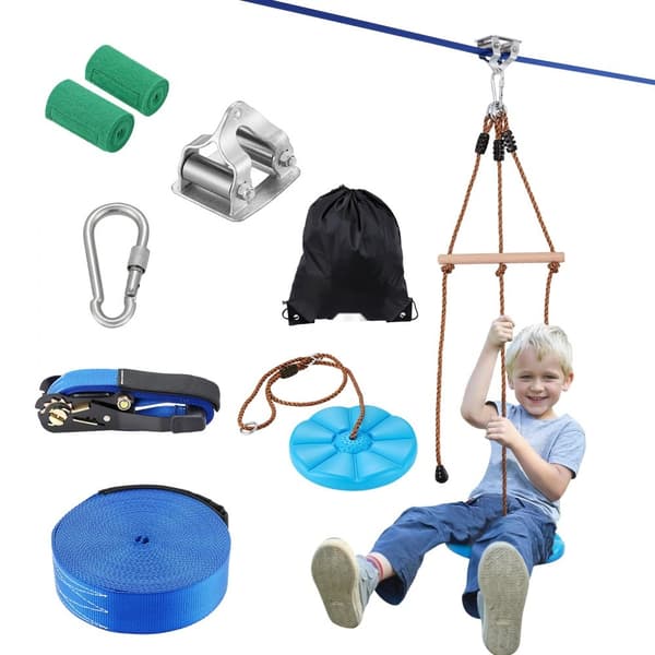 Zipline sæt til børn og voksne, 16 meter lang. Maks. vægt 227 kg, hurtig opsætning til baghaven – sjov udendørs leg med sikkerhedsudstyr.