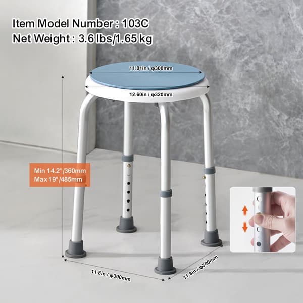 Duschstol 360° roterande, justerbar höjd, halkfri badpall för dusch/badkar, 136,1 kg kapacitet för äldre/funktionshindrade.