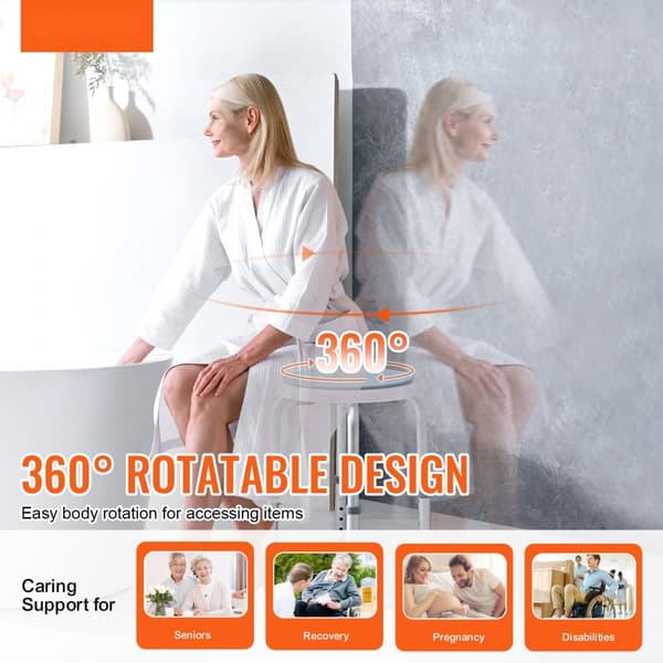 Duschstol 360° roterande, justerbar höjd, halkfri badpall för dusch/badkar, 136,1 kg kapacitet för äldre/funktionshindrade.